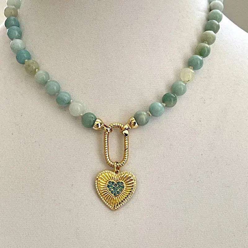 Gold Electroplate Natural AMAZONITE Pendant on TURQUOISE Bezel-Set Rosary Chain w/Gold store Micro Pave Magnetic Clasp, HEART Charm, Accents