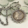 Silver Reproduction Coin Necklace-Belcher Rolo Chain Necklace-Morgan Peace Dollar-Cubic Zirconia Bezel-Spring Lock Clasp-Art Deco