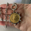 Queen Elizabeth II Coin Pendant, Gold Reproduction Coin,Silver Multi Link Chain Necklace,Silver Spiked Art Deco Bezel
