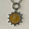 Queen Elizabeth II Coin Pendant, Gold Reproduction Coin,Silver Multi Link Chain Necklace,Silver Spiked Art Deco Bezel