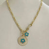 Gold Chain Necklace-CZ Disc Pendant-Turquoise CZ Clover Flower Charms-CZ Bar Feature-Lobster Clasp-Gift For Her