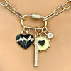Gold Chain Necklace-Charm Necklace-CZ Carabiner Screw Clasp-4 Cubic Zirconia Charms-Black Enamel Beating Heart Charm-Padlock Charm-CZ Bar