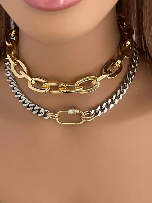 Layering Chain Necklaces-Mixed Metal -Large Link Gold Chain - Cuban Chain Carabiner Necklace