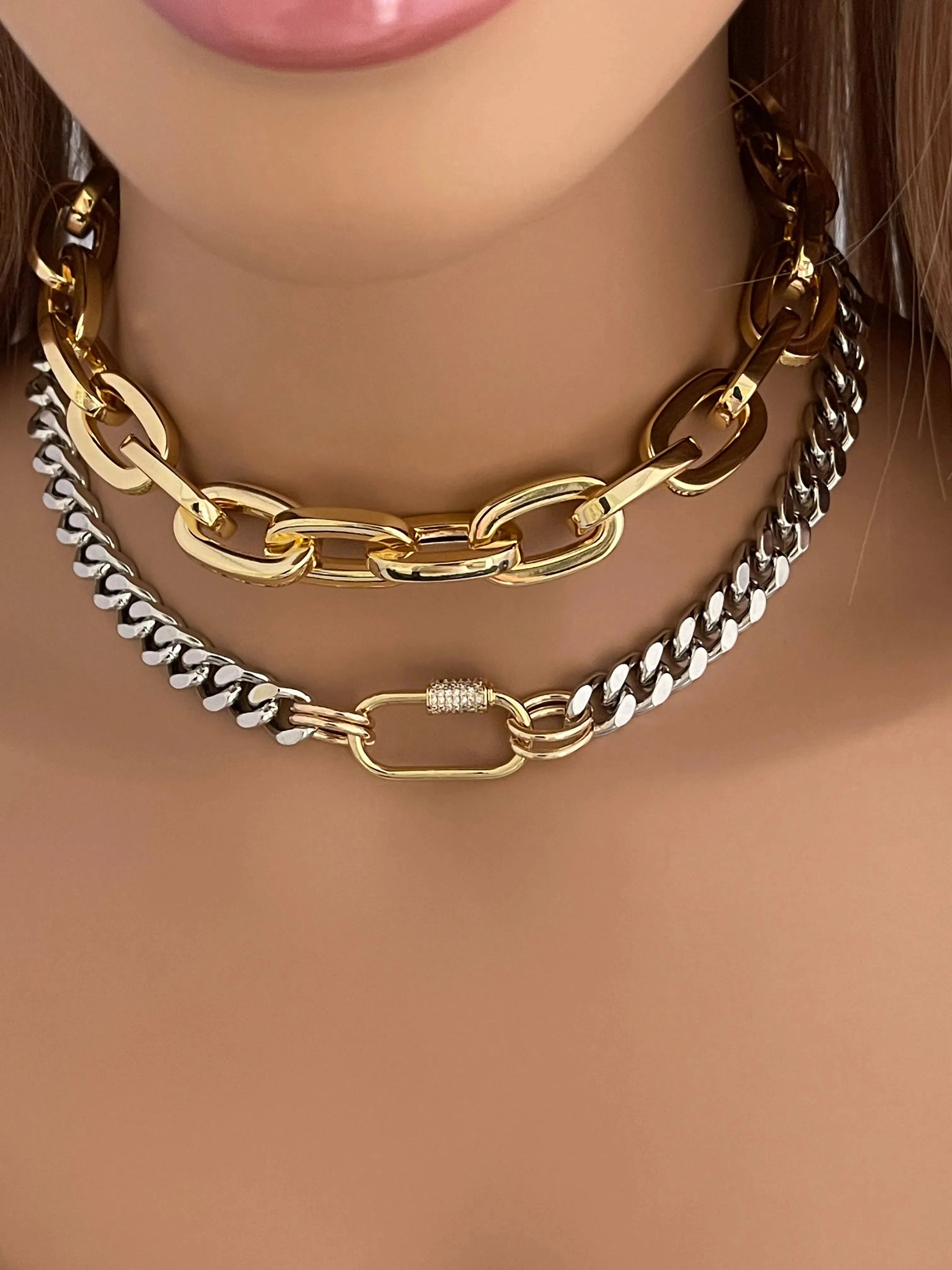 Layering Chain Necklaces-Mixed Metal -Large Link Gold Chain - Cuban Chain Carabiner Necklace