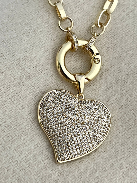 Micro Pave Heart Pendant on Gold Rolo Chain-Adjustable Length