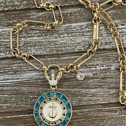 Gold Chain Necklace-Nautical Crown Charm-Turquoise Enamel Charm-Cubic Zirconia Pendant-Roman Numerals-Adjustable Length Vanessadesigns4u