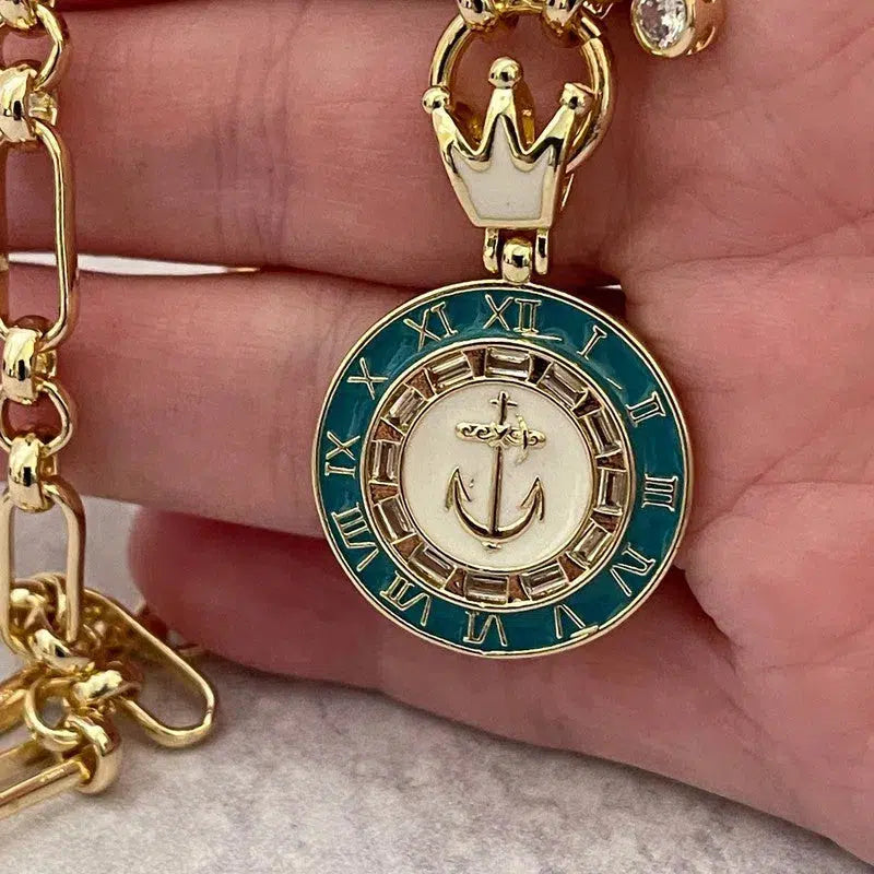 Gold Chain Necklace-Nautical Crown Charm-Turquoise Enamel Charm-Cubic Zirconia Pendant-Roman Numerals-Adjustable Length Vanessadesigns4u