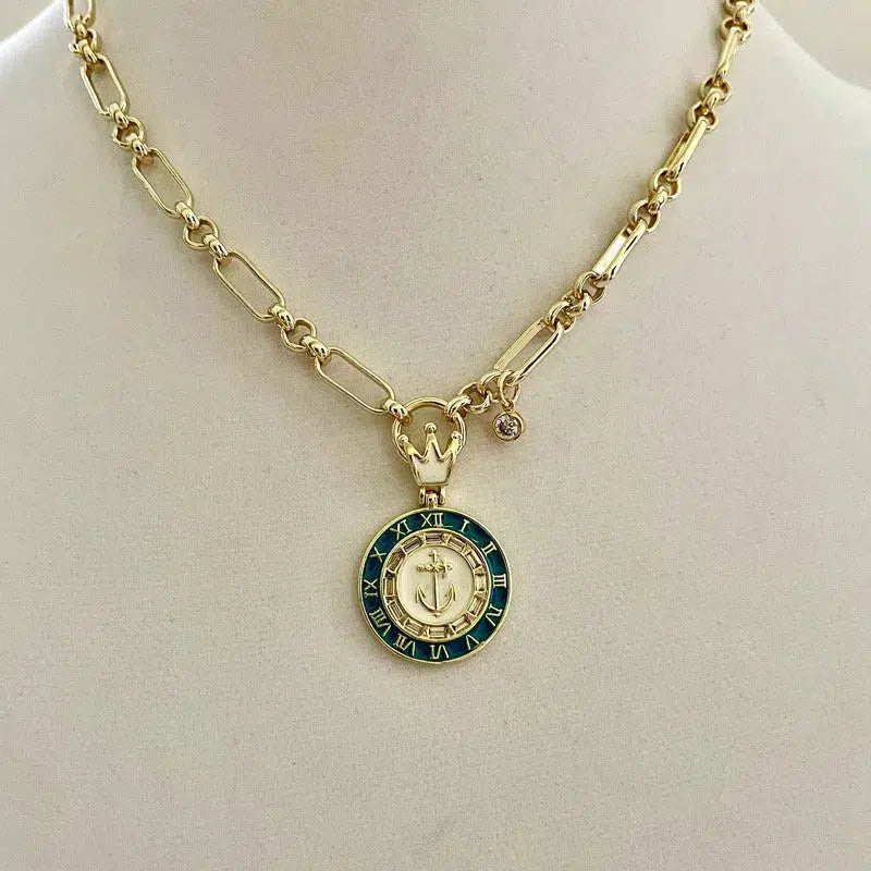 Gold Chain Necklace-Nautical Crown Charm-Turquoise Enamel Charm-Cubic Zirconia Pendant-Roman Numerals-Adjustable Length Vanessadesigns4u