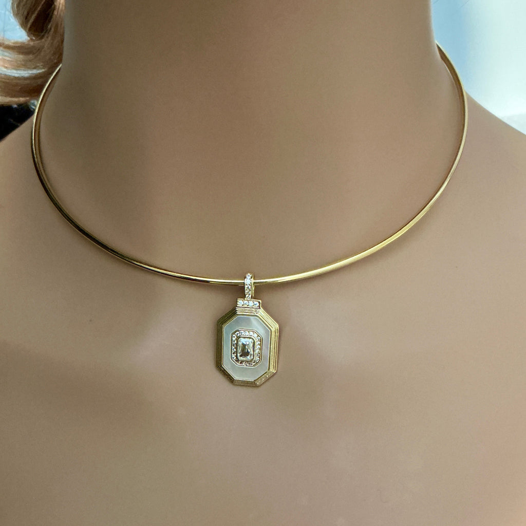 Shiny Gold Choker, Adjustable Wire Choker Necklace, White Enamel CZ Pendant,Opening Screw Ball Choker,