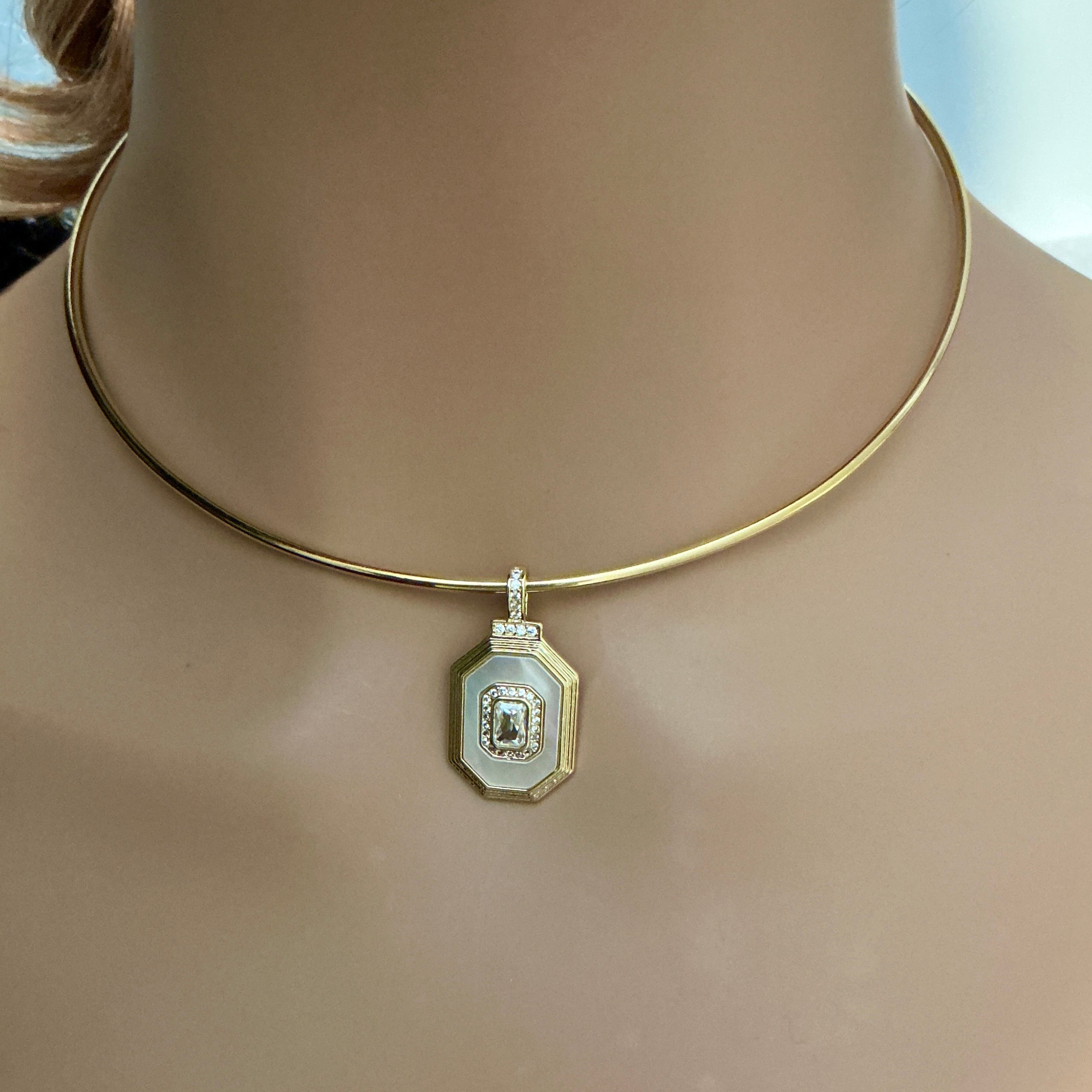 Shiny Gold Choker, Adjustable Wire Choker Necklace, White Enamel CZ Pendant,Opening Screw Ball Choker,