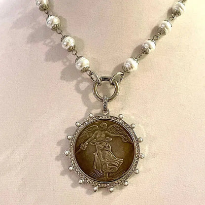 Silver Vintage Coin Necklace-Glass Pearl Chain Necklace-Reproduction Coin Pendant-Pearl and Cubic Zirconia Bezel Coin-Spring Lock Clasp Vanessadesigns4u