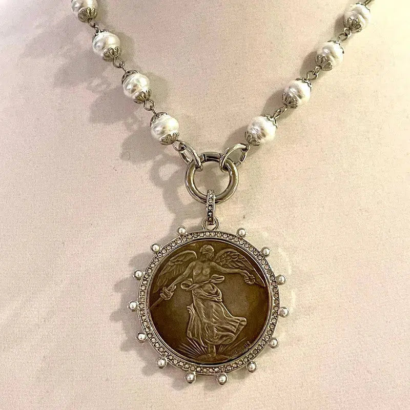 Silver Vintage Coin Necklace-Glass Pearl Chain Necklace-Reproduction Coin Pendant-Pearl and Cubic Zirconia Bezel Coin-Spring Lock Clasp Vanessadesigns4u