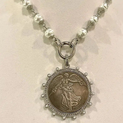 Silver Vintage Coin Necklace-Glass Pearl Chain Necklace-Reproduction Coin Pendant-Pearl and Cubic Zirconia Bezel Coin-Spring Lock Clasp Vanessadesigns4u