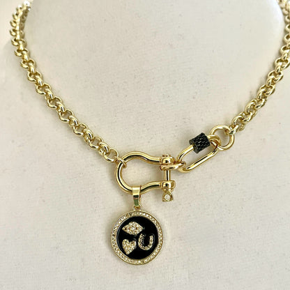 Gold Rolo Shackle Necklace-Gunmetal CZ Screw Carabiner-Black Enamel I Love You Pictogram Charm-Lobster Closure-Gift For Her