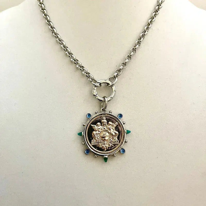 French Le Monde Gold Coin Pendant -Silver Bezel-CZ Crystal Accents-Silver Rolo Chain- Silver CZ Spring Clasp,Mixed Metal Vanessadesigns4u