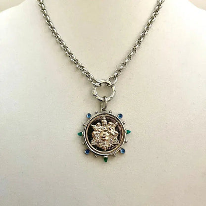 French Le Monde Gold Coin Pendant -Silver Bezel-CZ Crystal Accents-Silver Rolo Chain- Silver CZ Spring Clasp,Mixed Metal Vanessadesigns4u