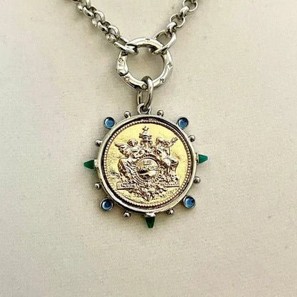 French Le Monde Gold Coin Pendant -Silver Bezel-CZ Crystal Accents-Silver Rolo Chain- Silver CZ Spring Clasp,Mixed Metal Vanessadesigns4u