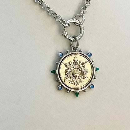 French Le Monde Gold Coin Pendant -Silver Bezel-CZ Crystal Accents-Silver Rolo Chain- Silver CZ Spring Clasp,Mixed Metal Vanessadesigns4u