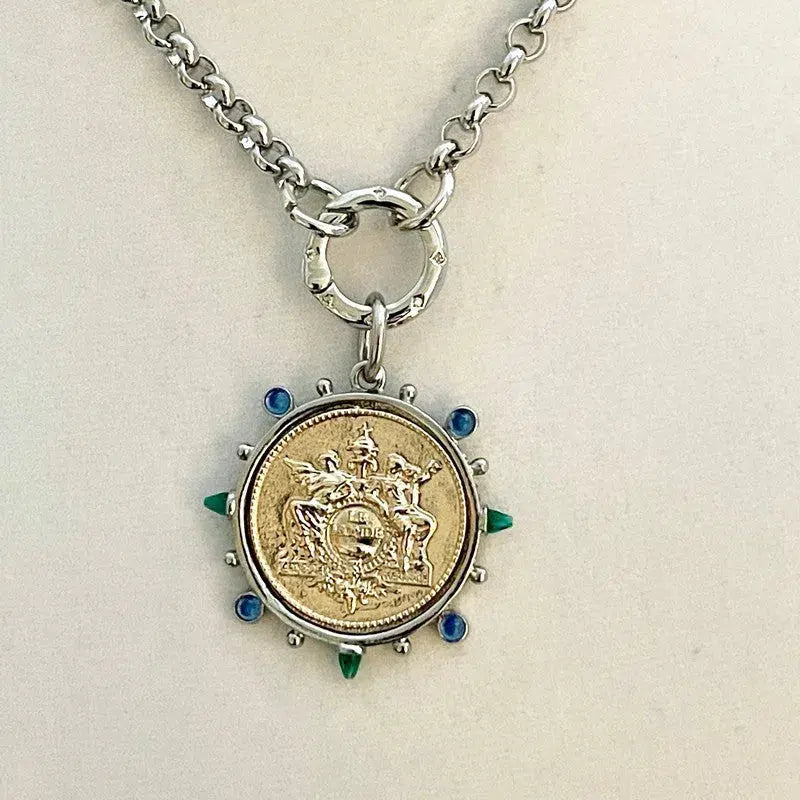French Le Monde Gold Coin Pendant -Silver Bezel-CZ Crystal Accents-Silver Rolo Chain- Silver CZ Spring Clasp,Mixed Metal Vanessadesigns4u