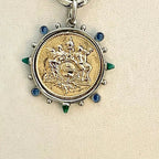 French Le Monde Gold Coin Pendant -Silver Bezel-CZ Crystal Accents-Silver Rolo Chain- Silver CZ Spring Clasp,Mixed Metal Vanessadesigns4u