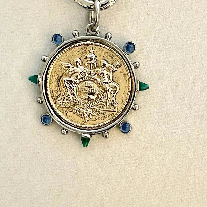 French Le Monde Gold Coin Pendant -Silver Bezel-CZ Crystal Accents-Silver Rolo Chain- Silver CZ Spring Clasp,Mixed Metal Vanessadesigns4u