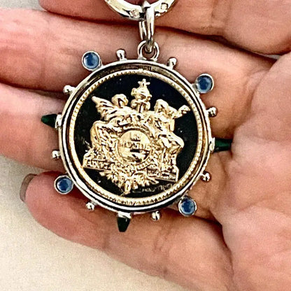 French Le Monde Gold Coin Pendant -Silver Bezel-CZ Crystal Accents-Silver Rolo Chain- Silver CZ Spring Clasp,Mixed Metal Vanessadesigns4u