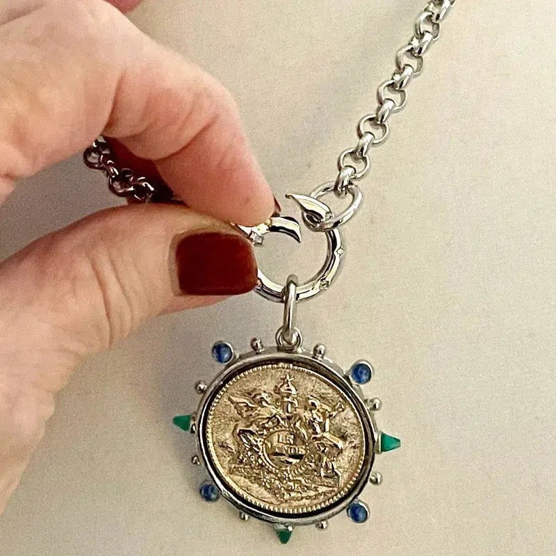 French Le Monde Gold Coin Pendant -Silver Bezel-CZ Crystal Accents-Silver Rolo Chain- Silver CZ Spring Clasp,Mixed Metal Vanessadesigns4u