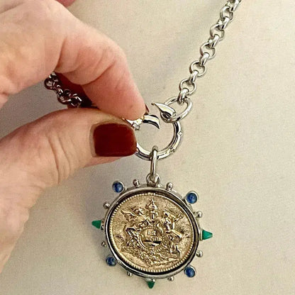 French Le Monde Gold Coin Pendant -Silver Bezel-CZ Crystal Accents-Silver Rolo Chain- Silver CZ Spring Clasp,Mixed Metal Vanessadesigns4u