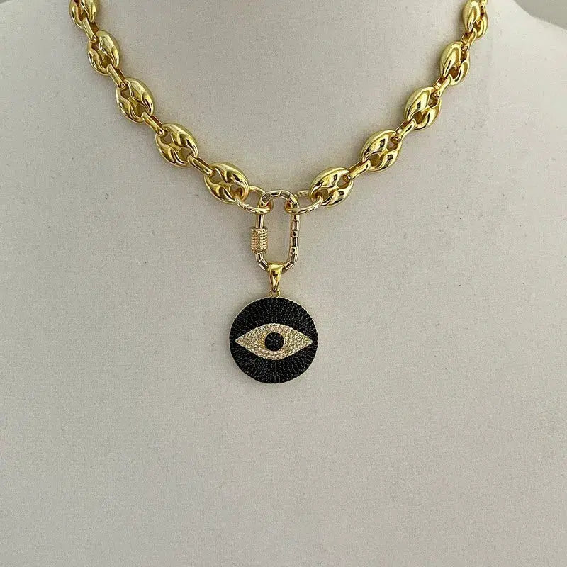 Gold Chunky Chain Necklace-Micro Pave Evil Eye Pendant-CZ Gold Carabiner Clasp-Puffed Link-Coffee Bean Link Vanessadesigns4u