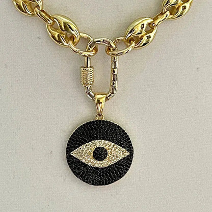 Gold Chunky Chain Necklace-Micro Pave Evil Eye Pendant-CZ Gold Carabiner Clasp-Puffed Link-Coffee Bean Link Vanessadesigns4u