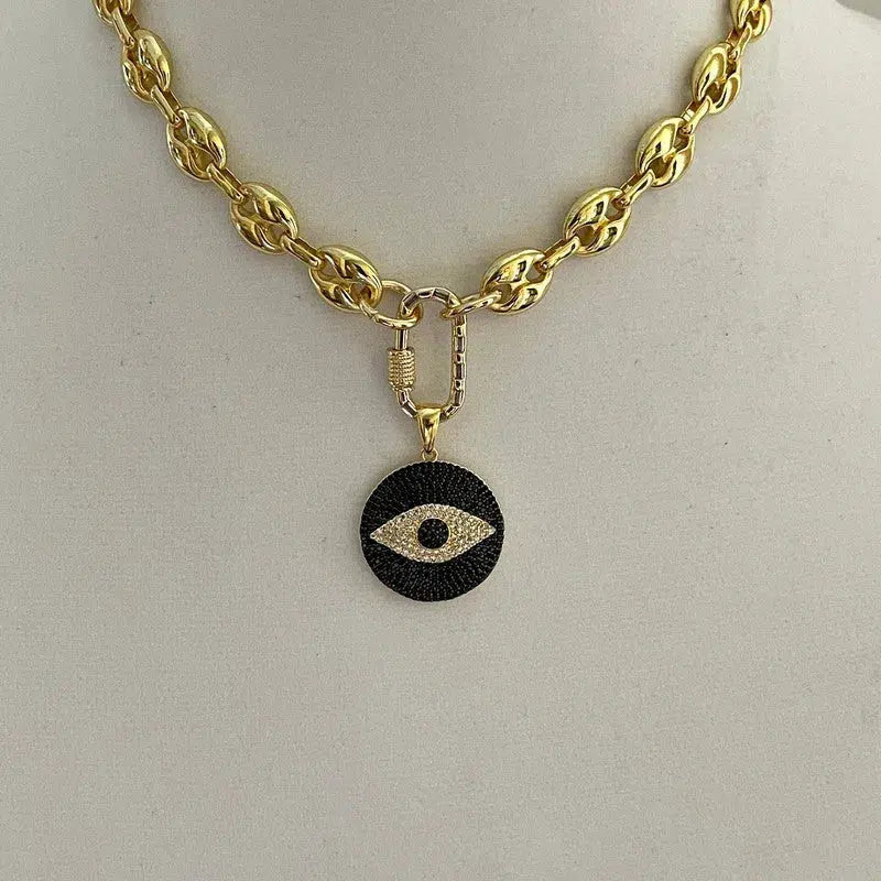 Gold Chunky Chain Necklace-Micro Pave Evil Eye Pendant-CZ Gold Carabiner Clasp-Puffed Link-Coffee Bean Link Vanessadesigns4u