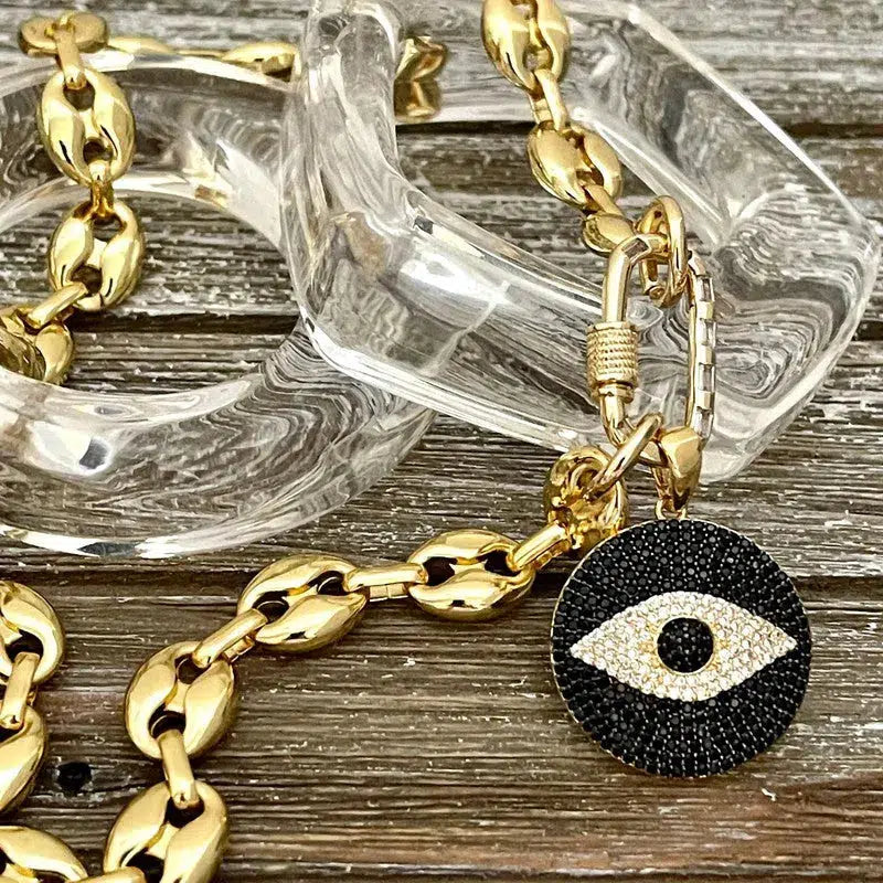 Gold Chunky Chain Necklace-Micro Pave Evil Eye Pendant-CZ Gold Carabiner Clasp-Puffed Link-Coffee Bean Link Vanessadesigns4u