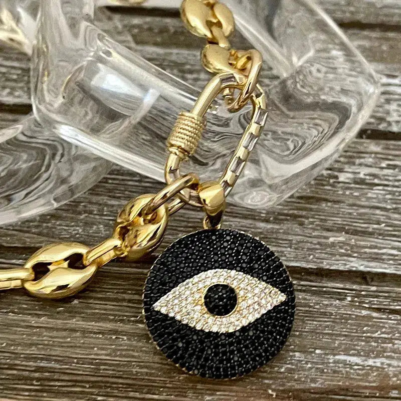 Gold Chunky Chain Necklace-Micro Pave Evil Eye Pendant-CZ Gold Carabiner Clasp-Puffed Link-Coffee Bean Link Vanessadesigns4u