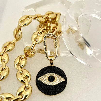 Gold Chunky Chain Necklace-Micro Pave Evil Eye Pendant-CZ Gold Carabiner Clasp-Puffed Link-Coffee Bean Link Vanessadesigns4u