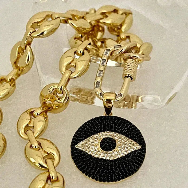 Gold Chunky Chain Necklace-Micro Pave Evil Eye Pendant-CZ Gold Carabiner Clasp-Puffed Link-Coffee Bean Link Vanessadesigns4u