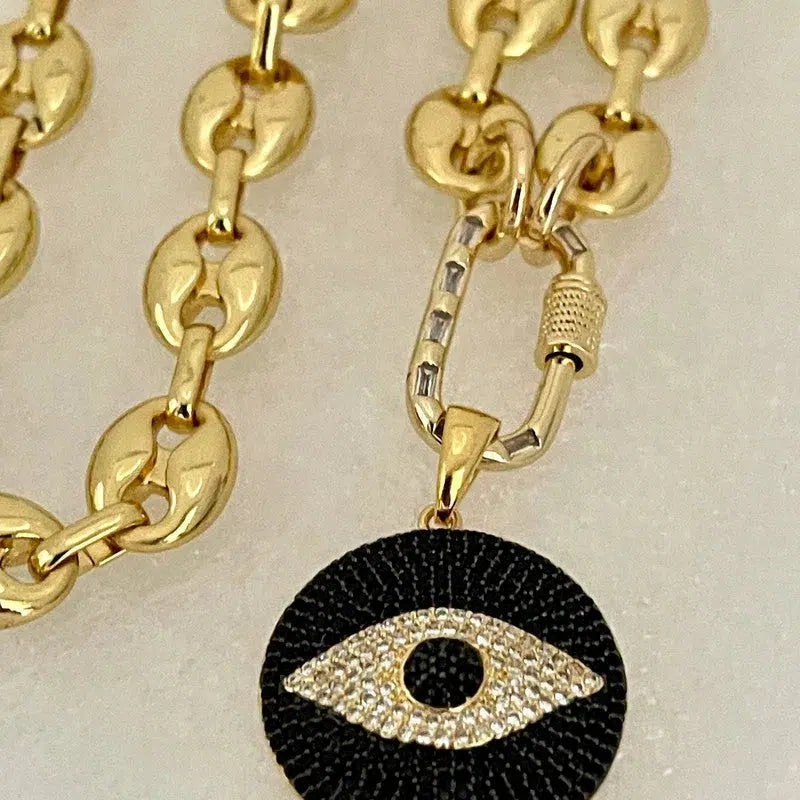 Gold Chunky Chain Necklace-Micro Pave Evil Eye Pendant-CZ Gold Carabiner Clasp-Puffed Link-Coffee Bean Link Vanessadesigns4u