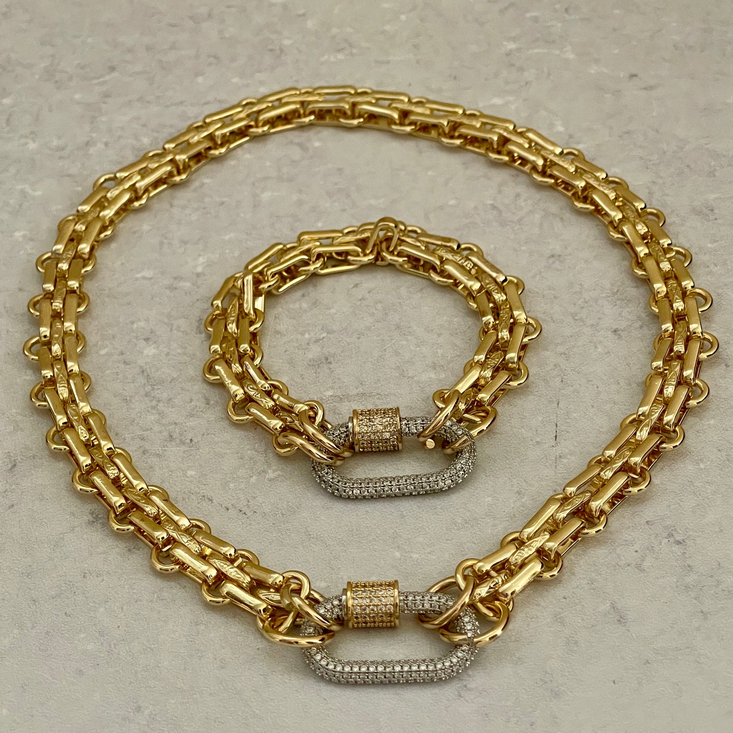 Gold Chunky Multilink Chain Bracelet-CZ Carabiner Screw Clasp-Choice of 4 Colors- Gift For Her