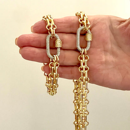 Gold Chunky Multilink Chain Bracelet-CZ Carabiner Screw Clasp-Choice of 4 Colors- Gift For Her