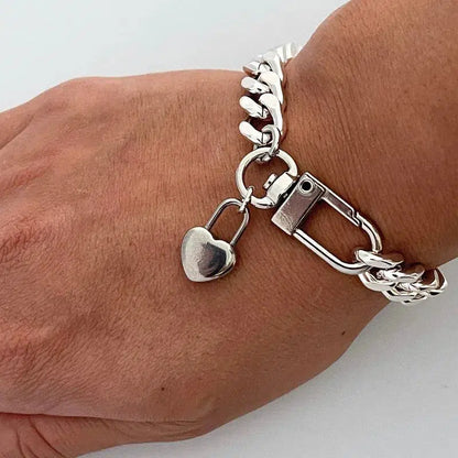 Silver Curb Chain Bracelet- Cuban link Chain-Stack Bracelet-Spring lock closure- Heart Charm.