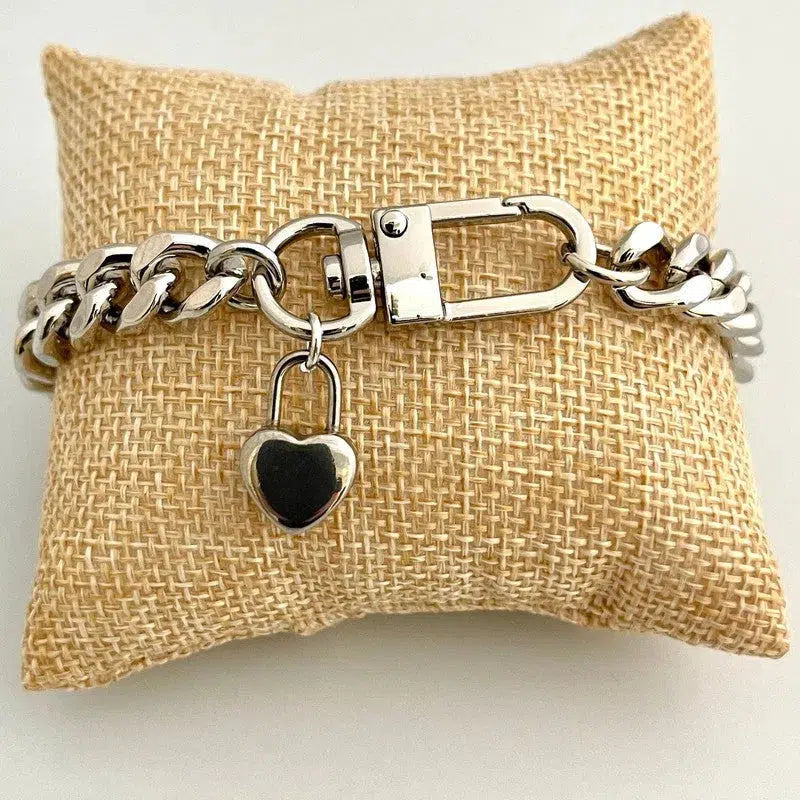 Silver Curb Chain Bracelet- Cuban link Chain-Stack Bracelet-Spring lock closure- Heart Charm.