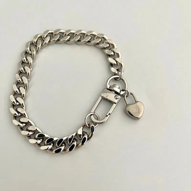 Silver Curb Chain Bracelet- Cuban link Chain-Stack Bracelet-Spring lock closure- Heart Charm.