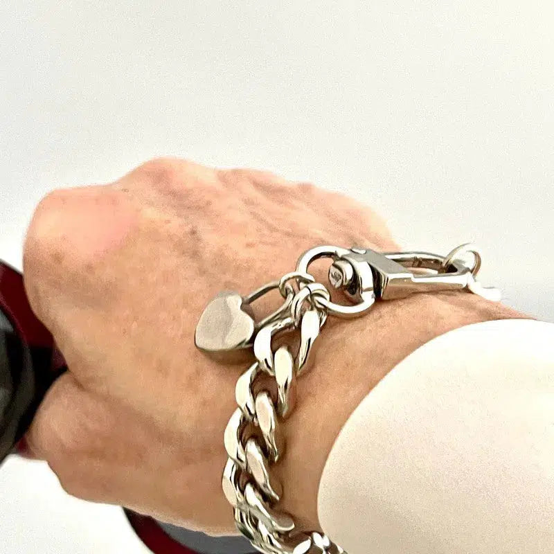 Silver Curb Chain Bracelet- Cuban link Chain-Stack Bracelet-Spring lock closure- Heart Charm.