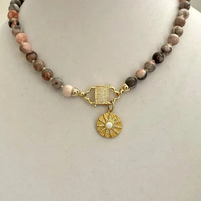 Hand Knotted Pink Zebra Jasper Bead Necklace-Gold CZ Carabiner Clasp-Gold CZ Opal Pendant- 18ins long- Gift for her Vanessadesigns4u