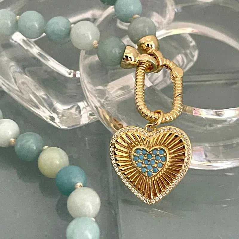 Hand Knotted AAA Amazonite Bead Necklace-Semi Precious 8mm Stones-Gold Rope Design Carabiner Clasp-Gold CZ Heart Pendant Vanessadesigns4u