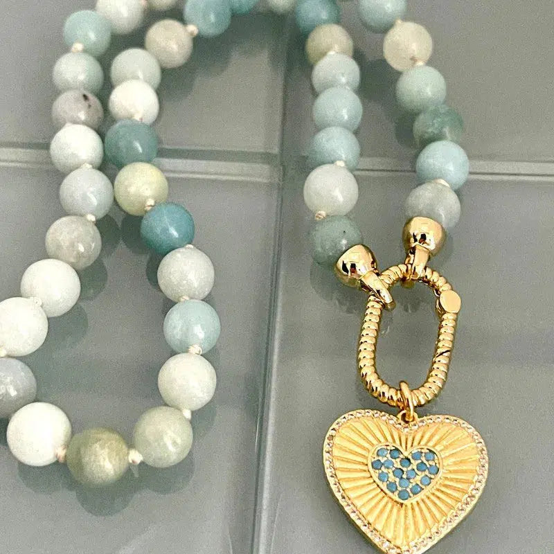 Hand Knotted AAA Amazonite Bead Necklace-Semi Precious 8mm Stones-Gold Rope Design Carabiner Clasp-Gold CZ Heart Pendant Vanessadesigns4u