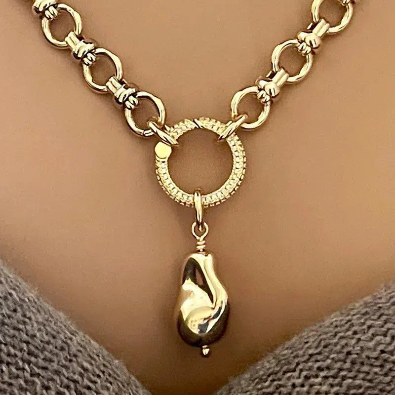 Gold Cable Chain Necklace- Hand Wired Replica Baroque Pearl Pendant-Micro Pave Spring Ring Clasp-Gift For Her Vanessadesigns4u