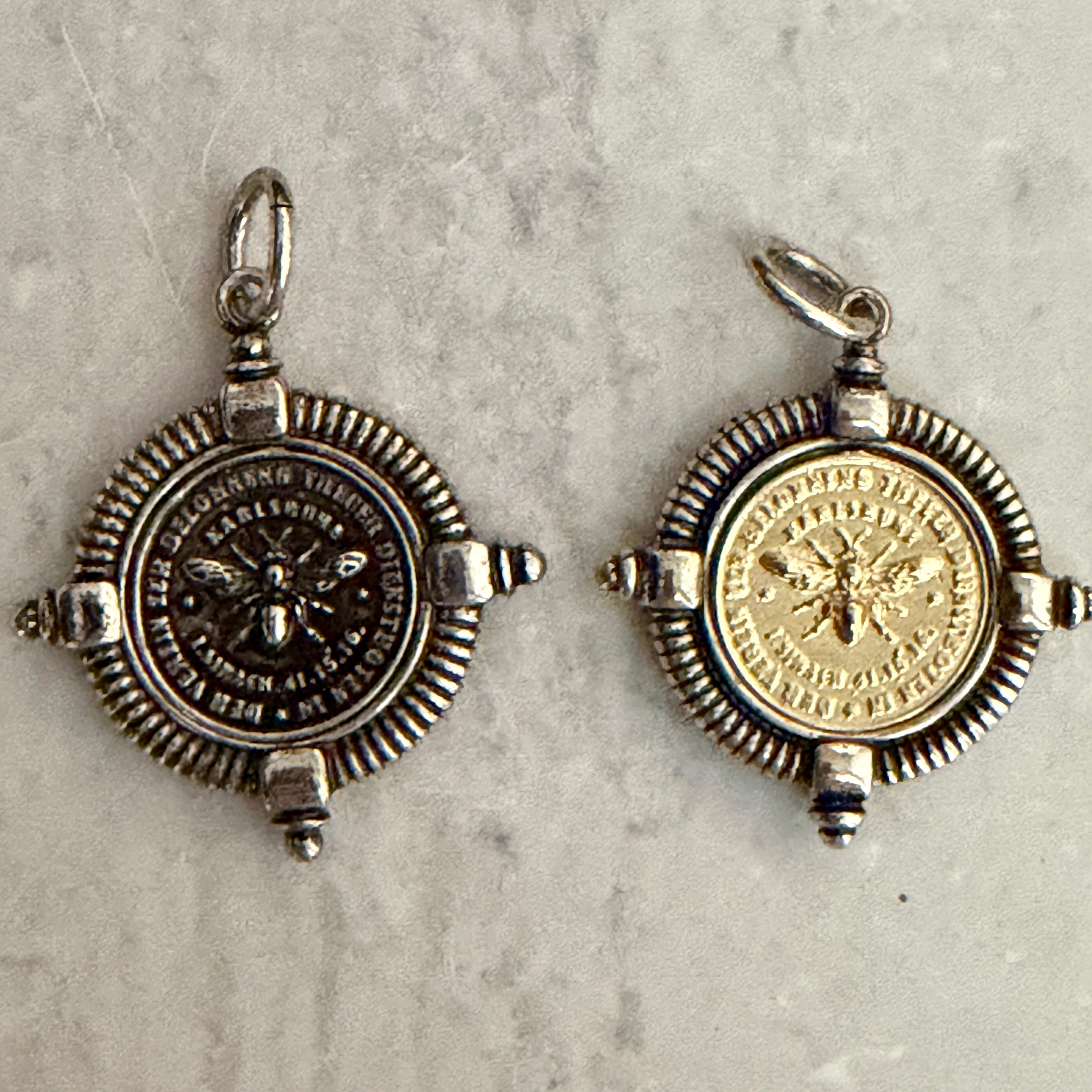 Silver Chunky Chain Necklace, French Bee Coin Pendant, Art Deco Style