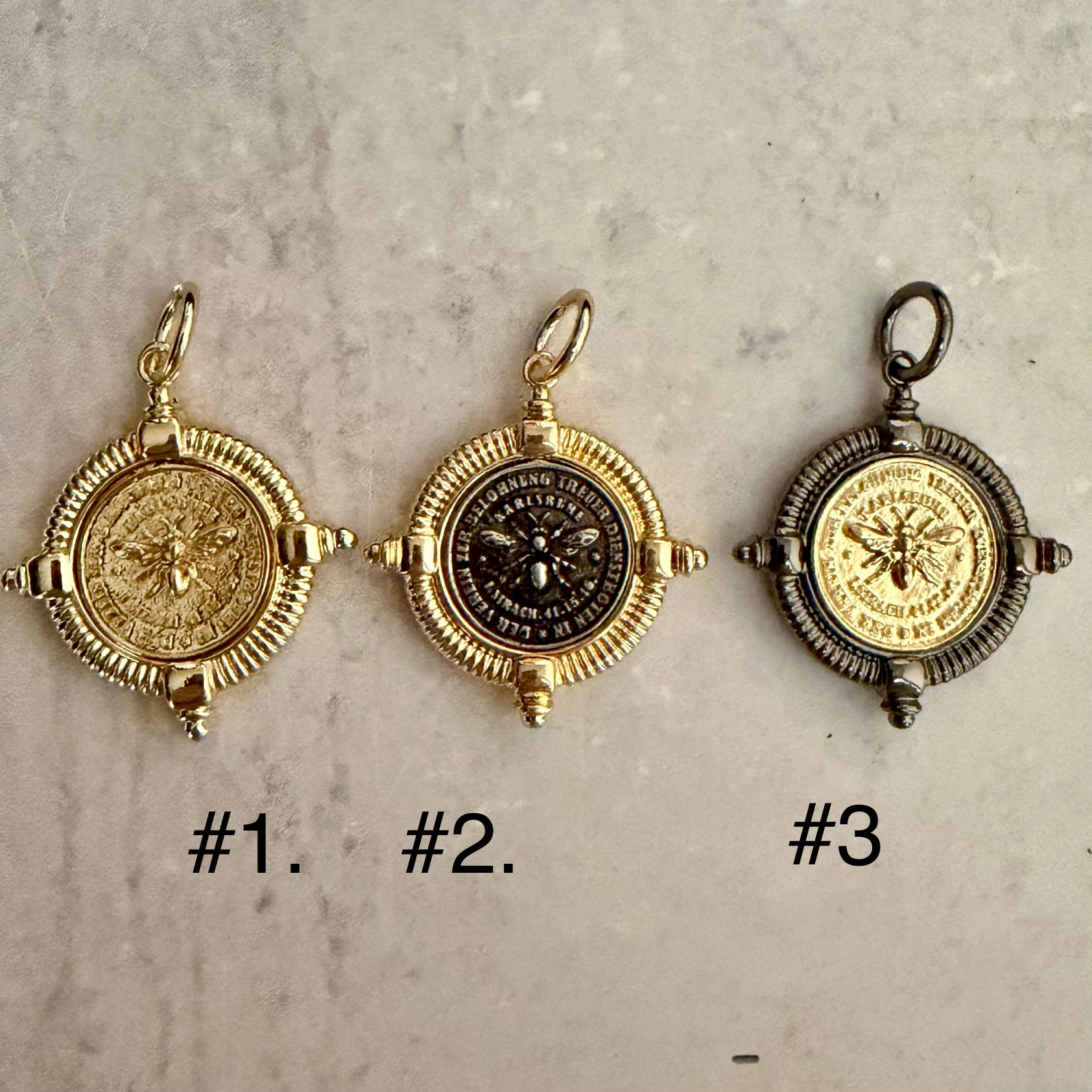 Gold Chunky Chain Necklace, French Bee Coin Pendant, Art Deco Style