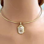 Shiny Gold Choker, Adjustable Wire Choker Necklace, White Enamel CZ Pendant,Opening Screw Ball Choker,