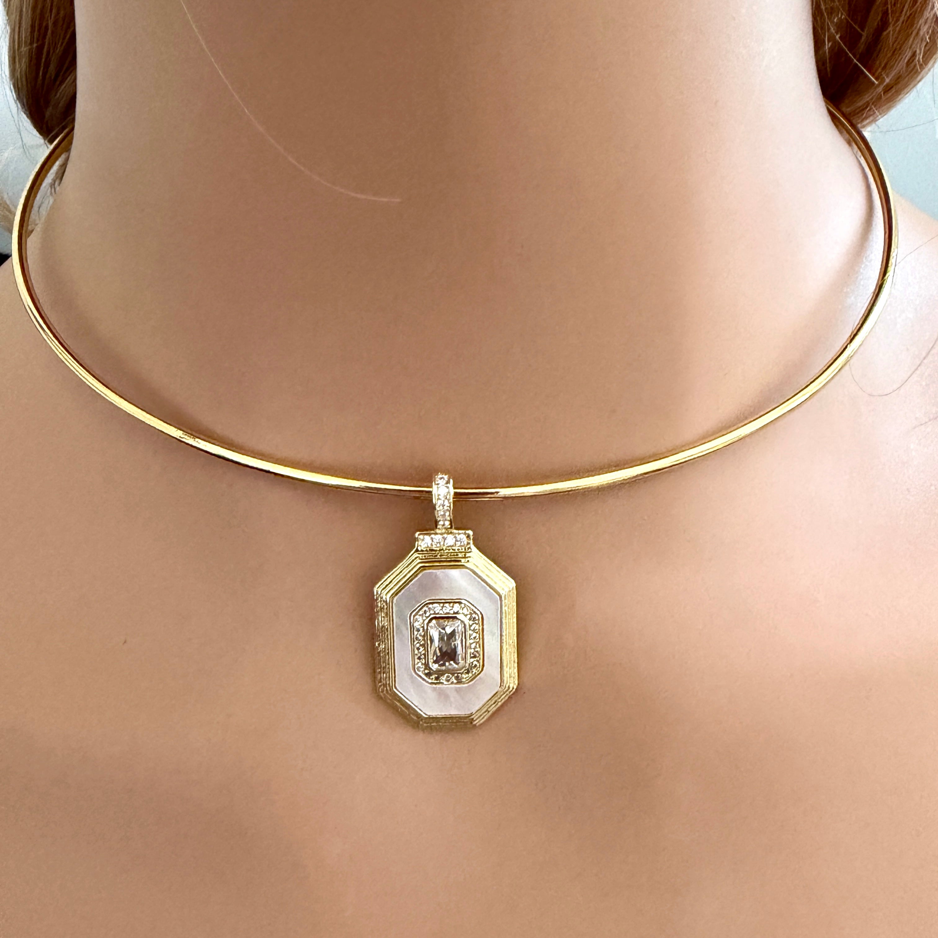 Shiny Gold Choker, Adjustable Wire Choker Necklace, White Enamel CZ Pendant,Opening Screw Ball Choker,